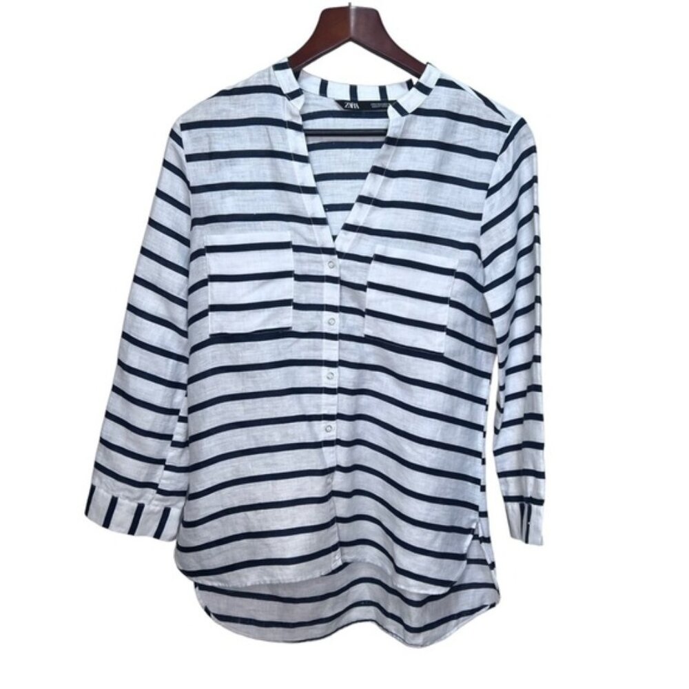 Zara Striped Blue  White Oversized Linen Shirt Size Small